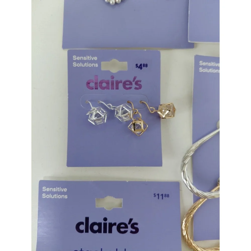 HUGE Lot Claire's Earrings Silver Gold 16 Pair $53 value Sensitive Solutions NWT